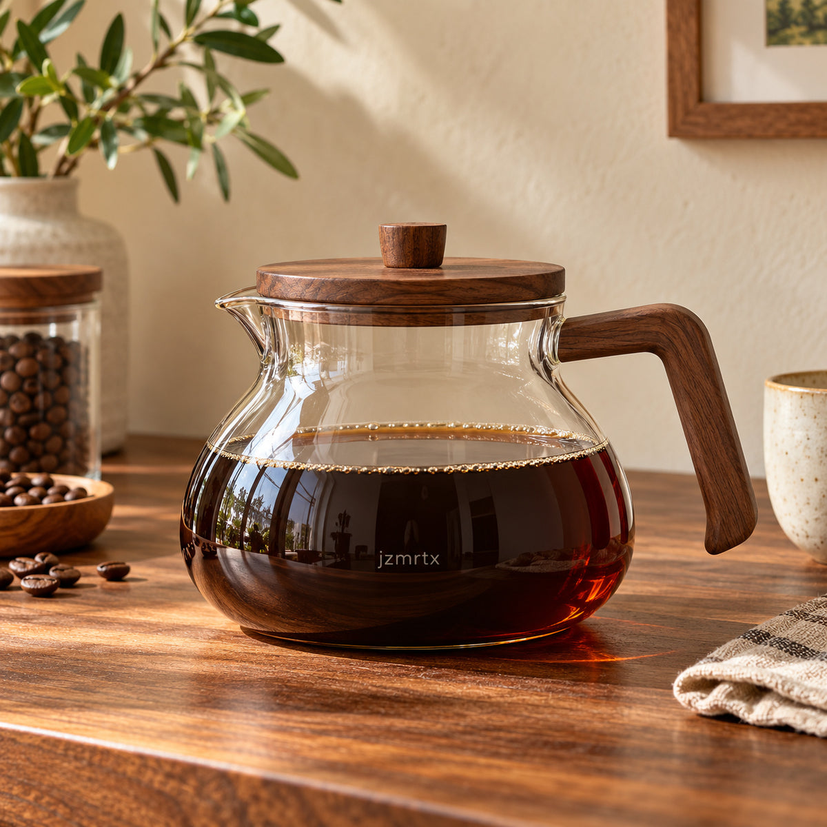 jzmrtx Walnut-Handle Glass Coffee Server — lifestyle scene